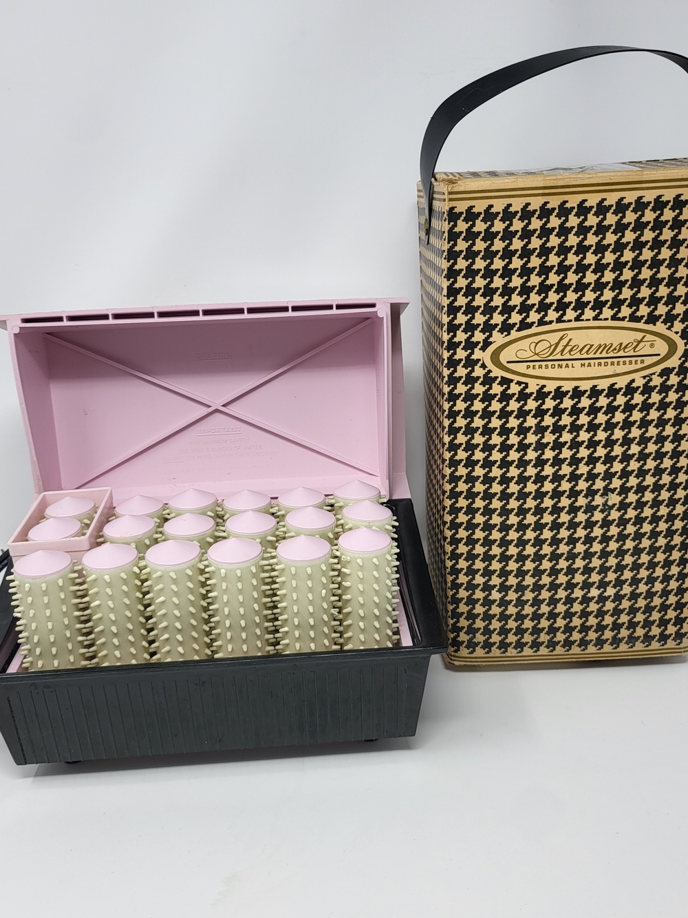 Vintags Popeil Pink and Cream Hair Roller Set with Black Case